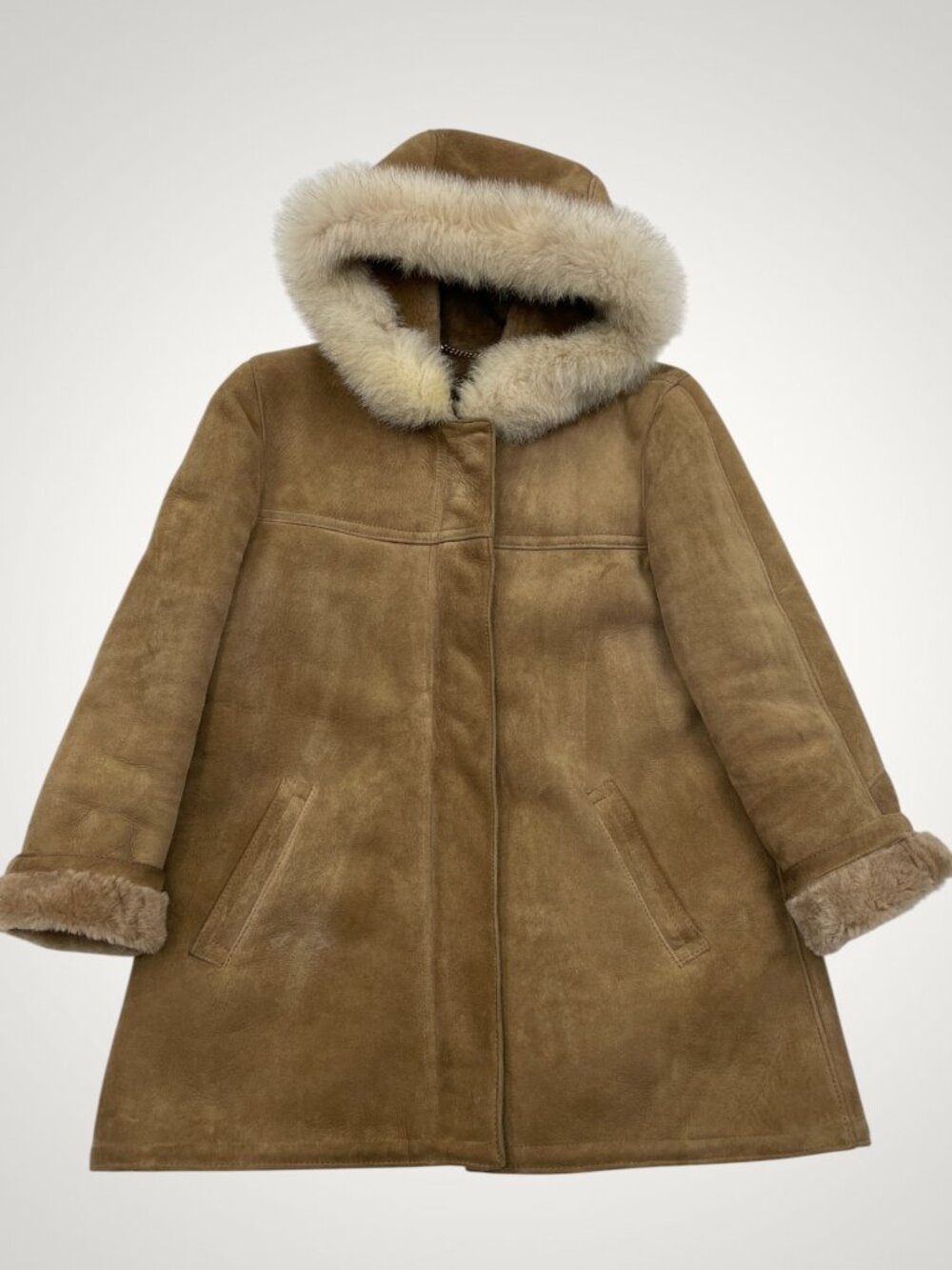 Morlands Brown Shearling Sheepskin Fox Fur Trim Hooded Coat Jacket Women's L